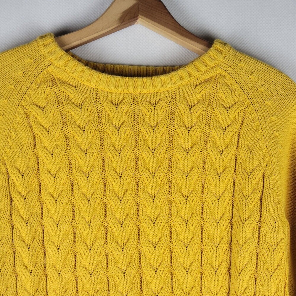 Lands End Drifter Sweater Womens Medium Cable Knit Fisherman Gold Bright Yellow - Picture 4 of 11